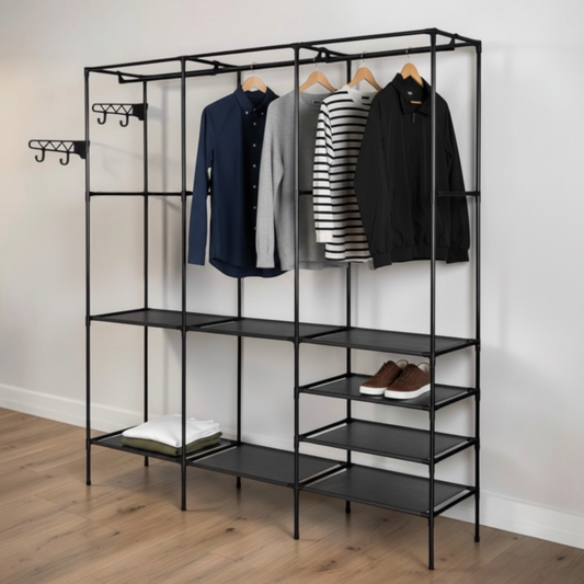 Nowoczesny składany wieszak stojący z półkami – 160 cm